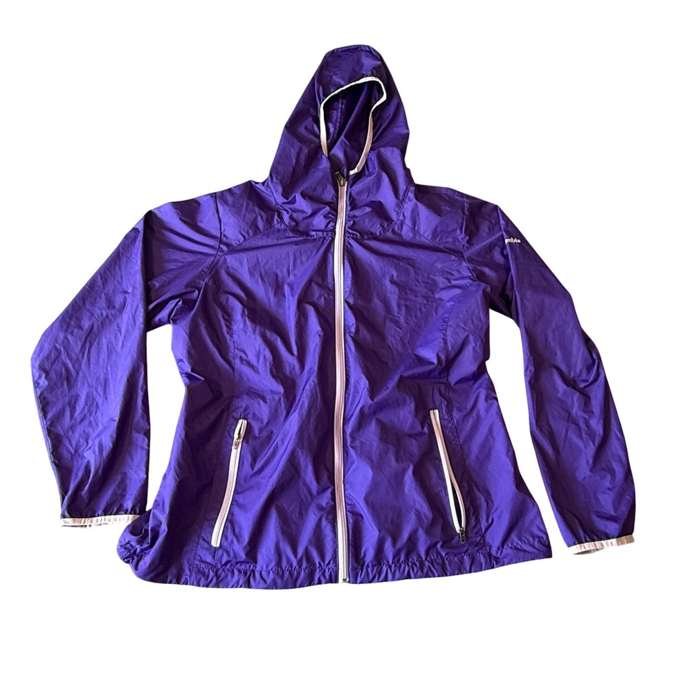 Columbia Womens Purple Full Zip Hooded Windbreaker Jacket XL Cinched Waist